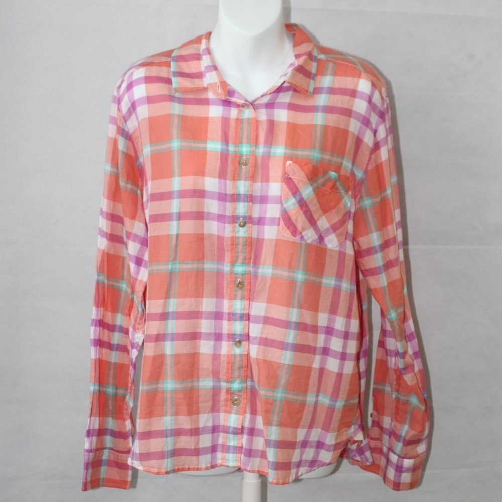American Eagle Women's Orange Plaid Button Up Shirt Long Sleeve Size XL
